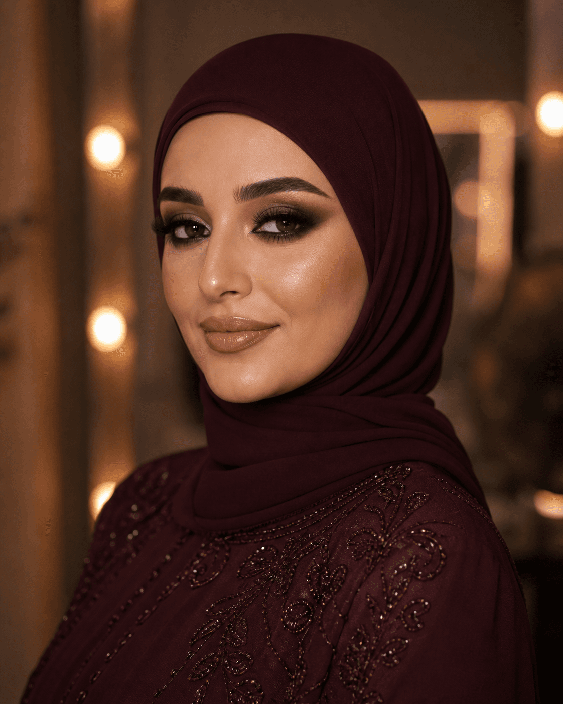 Style inspiration: Arabic smoky glam, burgundy hijab