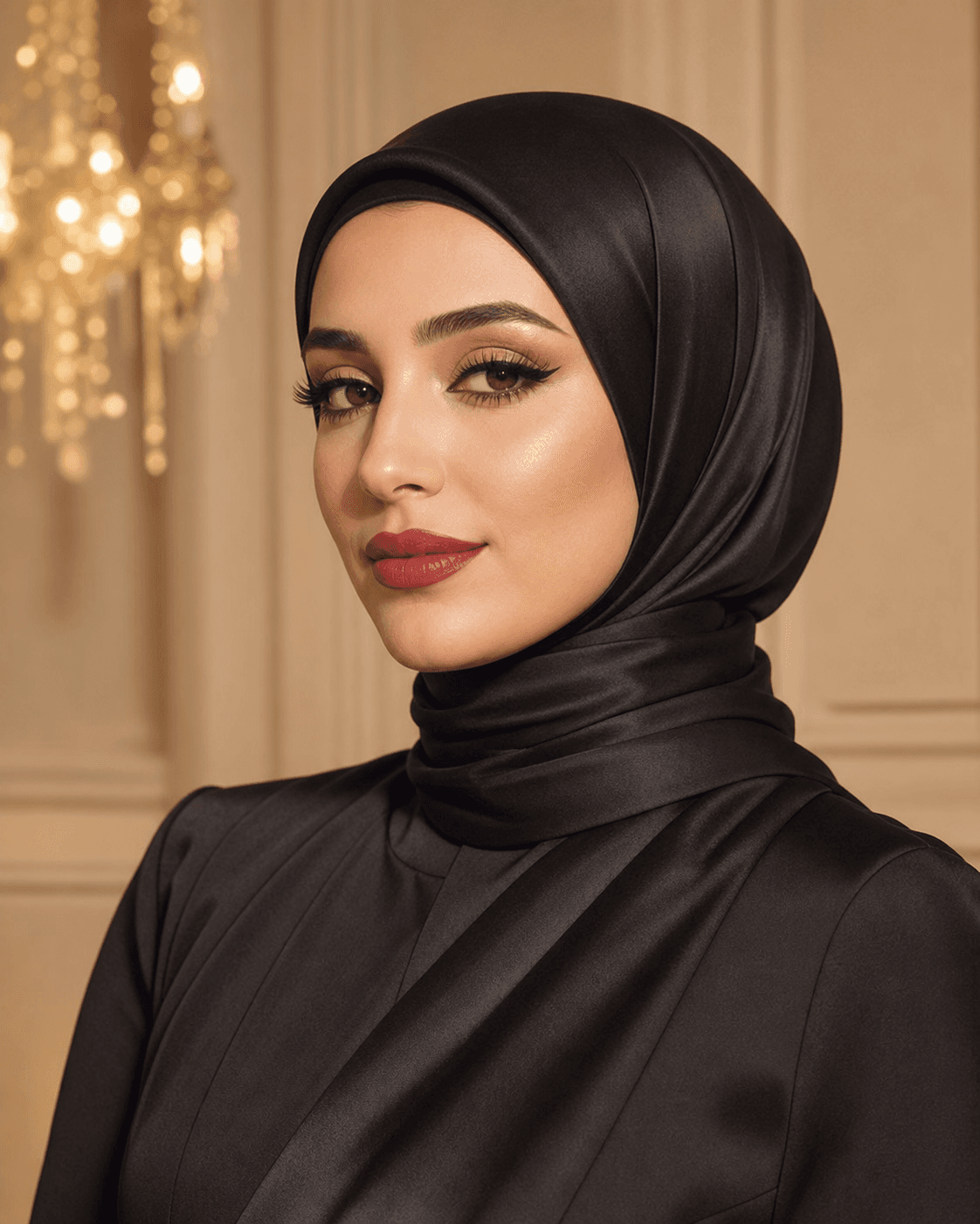 Style inspiration: Hollywood red lip, black satin hijab